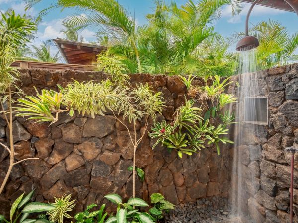 A tropical garden with a stone wall, lush palms, and an outdoor shower pouring water under a bright sky.