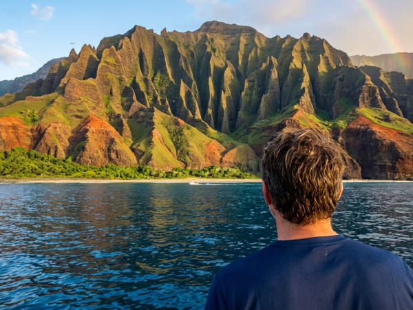 A man on a boat gazes at lush green mountains over the ocean beneath a rainbow.