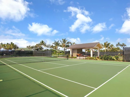 An outdoor green tennis court with a net, surrounded by palm trees and a small pavilion under a blue, partly cloudy sky.