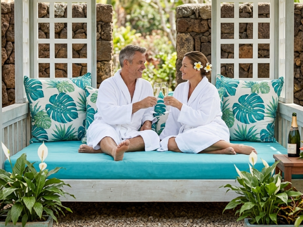 A couple in white robes clinks glasses on a cushioned outdoor daybed in a garden, enjoying spa-style relaxation with flowers.