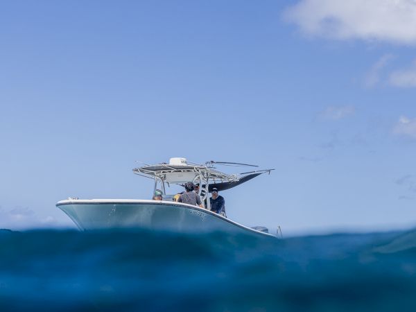 A high-speed motorboat rides over blue waves with several crew members aboard under a clear sky.