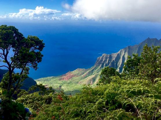 A lush green mountainside overlooks the blue ocean under dramatic clouds and a towering rocky cliff.