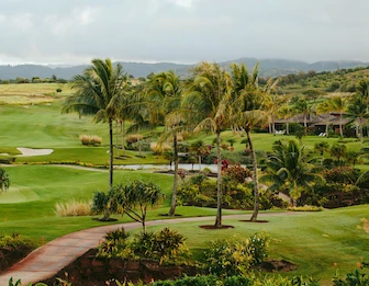 A lush tropical golf course with palm trees and rolling green fairways under a cloudy sky, winding through dense vegetation.
