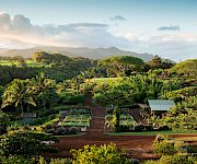 A lush tropical valley with palm trees, gardens and farm paths stretches toward distant mountains beneath a bright sky.