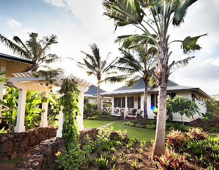 A sunny tropical resort courtyard with lush gardens, palm trees, and a white bungalow-style house with a sea-view.