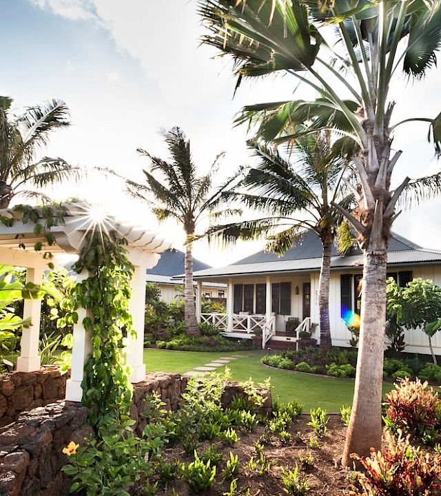 A sunny tropical resort courtyard with lush gardens, palm trees, and a white bungalow-style house with a sea-view.