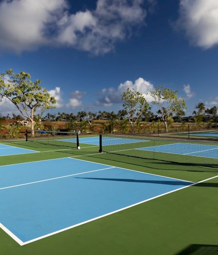A sunny outdoor tennis court with a net, blue and green playing surface, and scattered trees under a dramatic blue sky with clouds.