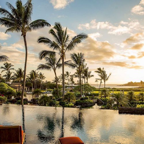 A tropical resort scene with tall palm trees, a calm pool/pond, and warm sunset clouds over the ocean.