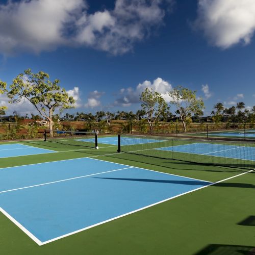 An outdoor pickleball/tennis court with a net, bright blue sky and clouds, and trees lining the background on a sunny day.