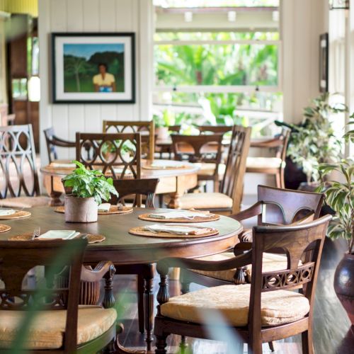 A bright caf&eacute; dining room with a wooden table set, wooden chairs, potted plants, and framed artwork near a sunlit window.